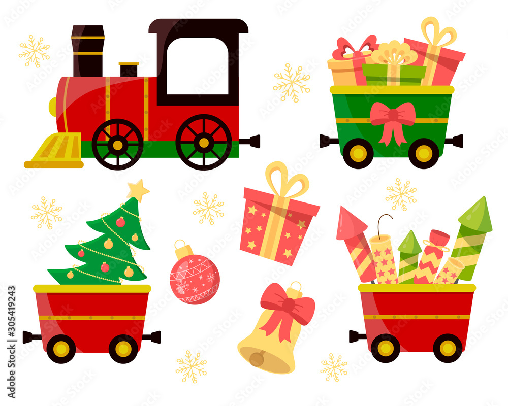 The Christmas train and wagons with gifts and fireworks. Holiday's accessories. Set with Christmas decor The Christmas train and wagons with gifts and fireworks. Holiday's accessories. Set with Christmas decor