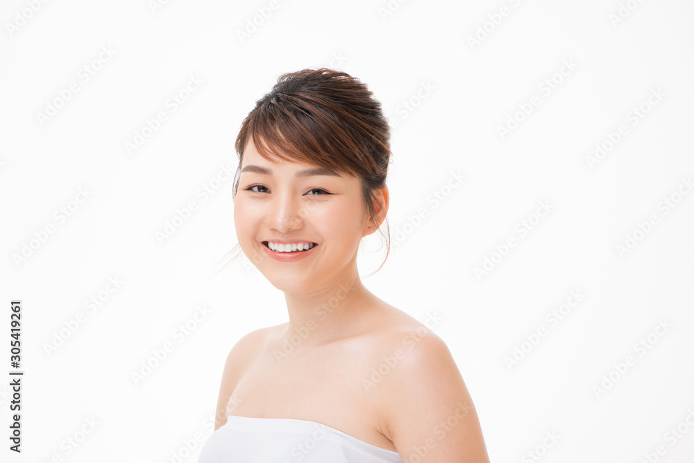 Closeup portrait of attractive asian woman with fair perfect healthy glow skin isolated on white, Closeup portrait of attractive asian woman with fair perfect healthy glow skin isolated on white,