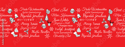 Seamless vector horizontal border with Christmas greetings in different languages with hand drawn christmas doodles.