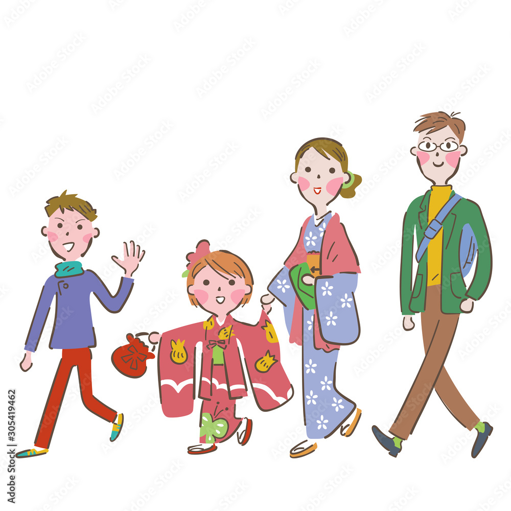 家族で初詣　お正月　イラスト