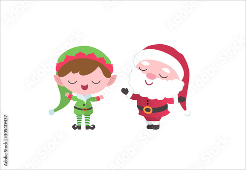 Cute Santa Claus and elf cartoon characters.