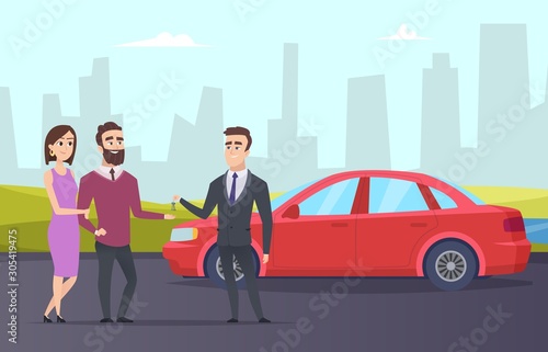 Rent car. Couple rents a car from rental agent. Vector cartoon character people and city landscape. Illustration agent auto rent, car rental