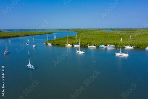 Aerial view of mangrove forest in Gambia. Photo made by drone from above. Africa Natural Landscape.