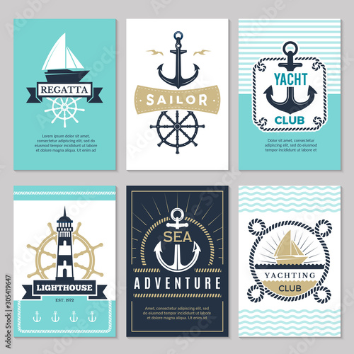 Nautical cards. Marine vintage logotypes sea rope knot anchor ship ocean decorative symbols for labels background. Marine nautical card, anchor and ship illustration photo