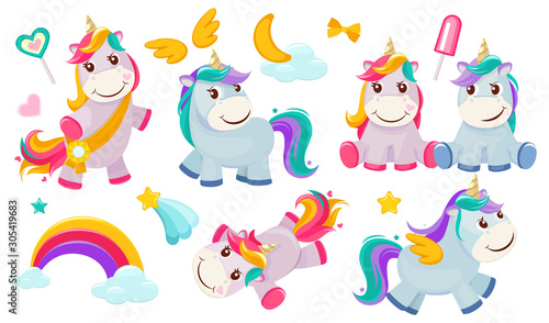 Magic unicorns. Baby little fairytale animals pony horse pink characters with rainbows for girls vector. Illustration unicorn horse, magic pony, fairytale rainbow