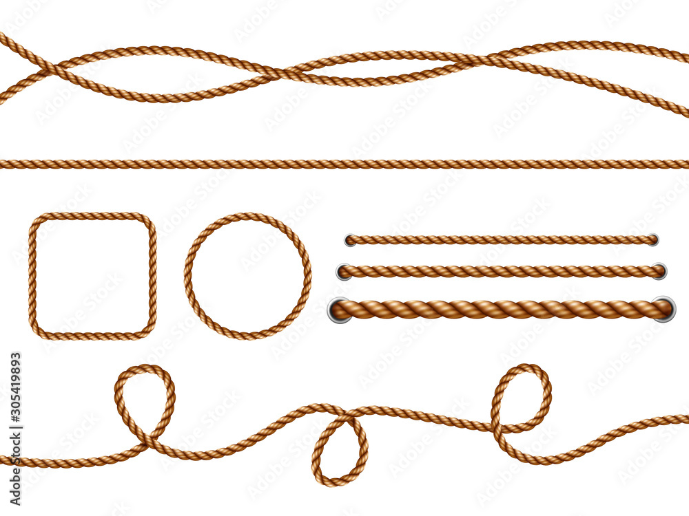 Realistic ropes. Yellow or brown curved nautical ropes with knots vector template. Rope curve, boundary reliable loop illustration twisted, brown, cord, twine, decoration, circle, jute, Realistic ropes. Yellow or brown curved nautical ropes with knots vector template. Rope curve, boundary reliable loop illustration twisted, brown, cord, twine, decoration, circle, jute,