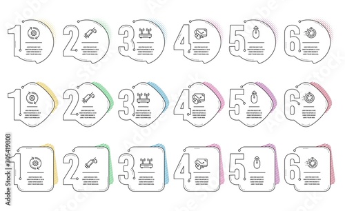 Swipe up, Cogwheel and Wifi line icons set. Infographic timeline. Medical syringe, Seo timer and Computer mouse signs. Scrolling page, Engineering tool, Internet router. Vaccination. Vector