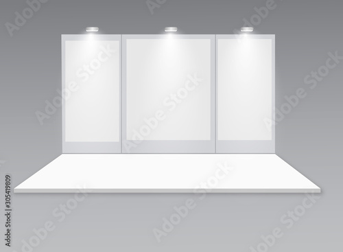3D exhibition booth. White empty promotional stand with desk. Vector white empty geometric square. Presentation event room display. Blank box template