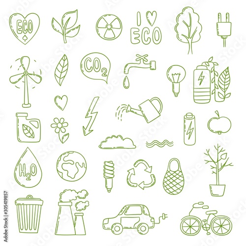 Ecologic doodle. Green energy concept pictures collection clean environment save air bio co2 plant growth vector. Eco recycle, save green energy illustration