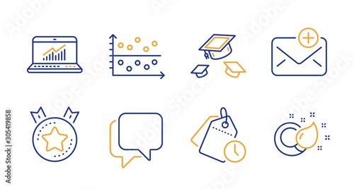 New mail, Ranking star and Dot plot line icons set. Talk bubble, Time management and Throw hats signs. Online statistics, Paint brush symbols. Add e-mail, Winner medal. Education set. Vector