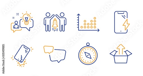 Speech bubble, Smartphone charging and Smartphone broken line icons set. Partnership, Travel compass and Idea signs. Dot plot, Send box symbols. Chat message, Phone battery. Technology set. Vector