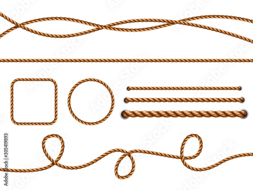 Realistic ropes. Yellow or brown curved nautical ropes with knots vector template. Rope curve, boundary reliable loop illustration twisted, brown, cord, twine, decoration, circle, jute,