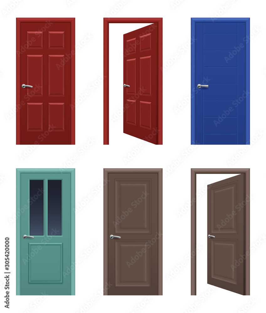 Realistic doors. Open and closed apartment entrance doors different colors vector pictures. Interior house and office door illustration Realistic doors. Open and closed apartment entrance doors different colors vector pictures. Interior house and office door illustration
