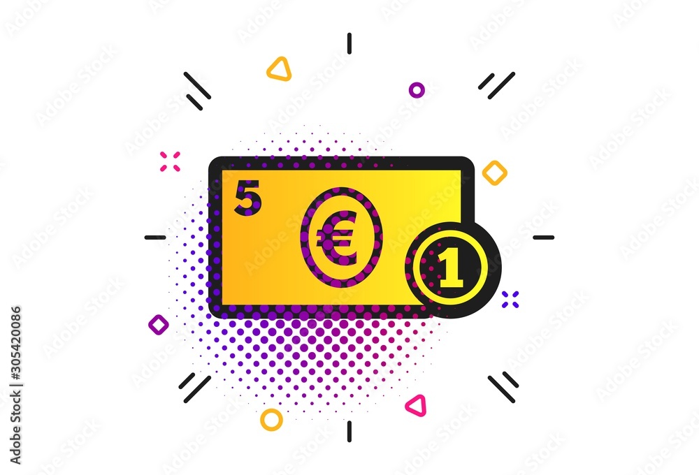 Cash sign icon. Halftone dots pattern. Euro Money symbol. EUR Coin and paper money. Classic flat cash icon. Vector