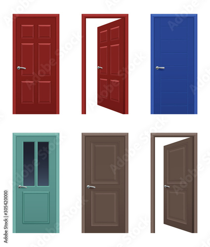Realistic doors. Open and closed apartment entrance doors different colors vector pictures. Interior house and office door illustration