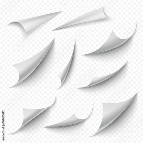 Curled corners. Blank book empty curved pages folds peeling turn sheet stickers edges vector realistic collection. Turn blank page white, curl sheet empty