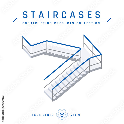 Staircases with handrails, vector in flat style