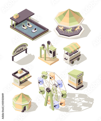 Amusement park. Children carousel swings electro cars wheel ballons happy kids vector isometric. Amusement park isometric, carousel and recreation attraction illustration