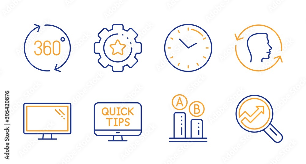 Monitor, Time and Web tutorials line icons set. 360 degrees, Ab testing and Face id signs. Settings gear, Analytics symbols. Computer component, Clock. Science set. Line monitor icon. Vector Monitor, Time and Web tutorials line icons set. 360 degrees, Ab testing and Face id signs. Settings gear, Analytics symbols. Computer component, Clock. Science set. Line monitor icon. Vector