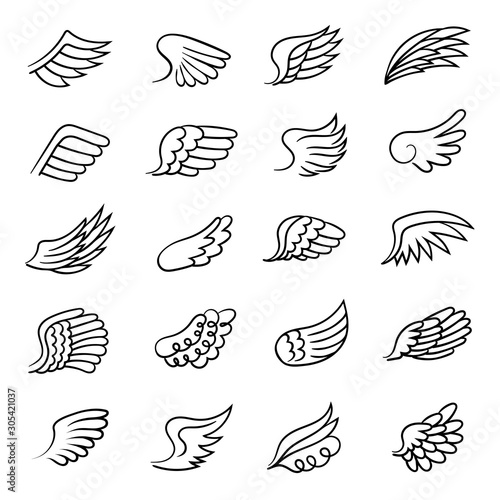 Wings. Drawing air symbols angel feather wings fly motion shapes freedom vector collection. Feather wing drawing, pigeon bird illustration