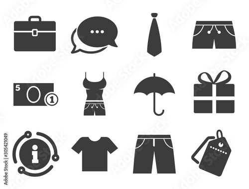 T-shirt, business case signs. Discount offer tag, chat, info icon. Clothing, accessories icons. Umbrella and gift box symbols. Classic style signs set. Vector
