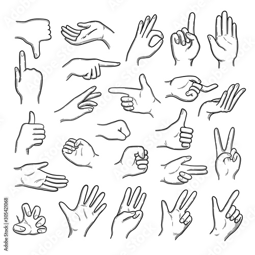 Hands gestures. Human pointing hands showing thumbs up down like best vector doodle set. Gesture finger expression, hand thumb and palm, sketch gesturing illustration photo
