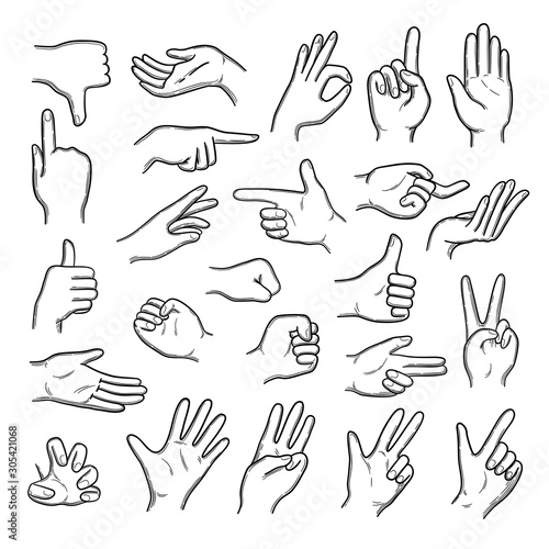 Hands gestures. Human pointing hands showing thumbs up down like best vector doodle set. Gesture finger expression, hand thumb and palm, sketch gesturing illustration