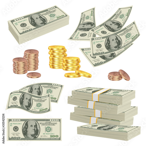 Money realistic. Investment cash dollars banknotes paper gold finance product vector money pictures. Dollar cash and banknote, success money illustration