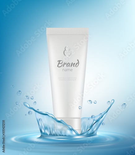 Cosmetic ads. Water liquid splashes drops with cosmetics tubes or bottles for beauty woman skin care elegant realistic vector poster. Cosmetic liquid advertising, tube lotion cream illustration