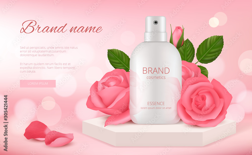 Skin cosmetic ads. Woman cream or perfume bottle with rose pink flowers and  petals beauty romantic decoration realistic template. Advertising beauty,  cosmetic cream care banner illustration vector de Stock | Adobe Stock