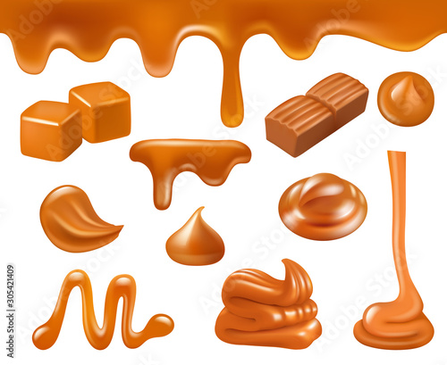 Caramel realistic. Candy sweets liquid food sauces caramel drops and splashes vector collection. Illustration iris drain, cube and melt flow