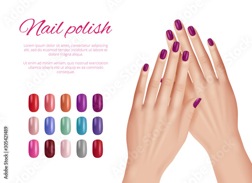 Polish nail colors. Woman hands nails models demonstration cosmetic palette beautiful set vector realistic. Illustration fingernail demonstration, model realistic fashion