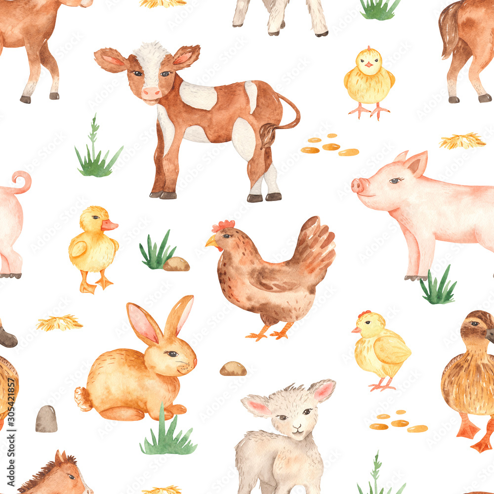 Watercolor seamless pattern with cute cartoon farm animals Stock ...