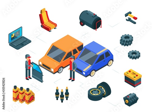 Car repair. Isometric car parts vector concept. Autos, tires, door, gas tank, battery and mechanics. Car repair, auto service isometric illustration