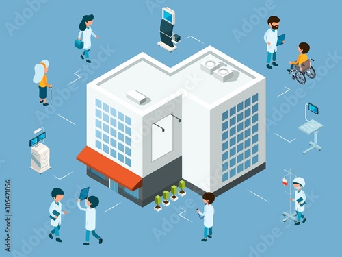 Hospital concept. Isometric doctors, medical equipment and patients. Modern hospital vector illustration. Building hospital architecture, emergency and medicine service