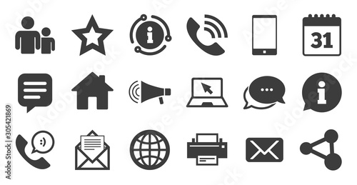 Set of Communication, Conference and Information icons. Information, chat bubble icon. E-Mail, Printer and Internet signs. Speech bubble, Support and Phone call symbols. Quality set. Vector