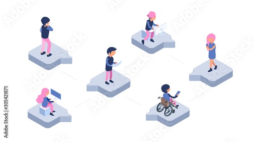 Online chat. Modern communication web. Isometric people with gadgets chatting vector illustration. Mobile chat online, communication social community