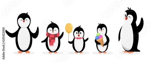 Happy penguin family. Penguins isolated on white background. Vector cute cartoon character animals set. Illustration penguin family, cartoon winter animal