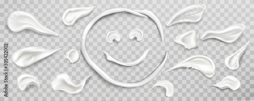 White cream smears swatch in shape of smiling sun face. Set of cosmetics beauty skin care product strokes isolated on transparent background, lotion, milk. Realistic 3d vector illustration, clip art.