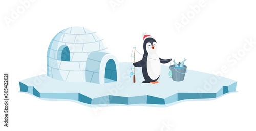Happy penguin fishing. Christmas penguin on ice and bucket of fish vector illustration. Cartoon animal isolated on white background. Penguin fishing in ice hole, winter hobby