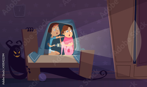 Childhood fears. Kids covered on the bed and watching shadow monsters on the wall in night room vector cartoon. Illustration sister and brother scared in bed