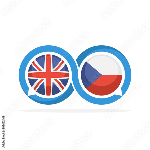 Illustrated icons with English and Czech communication concepts