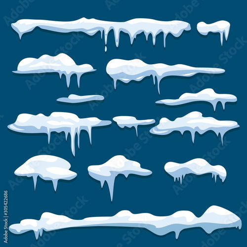 Snow caps. Icicles winter frozen ice decoration vector weather elements collection. Ice frost weather, snowcap decoration frozen illustration