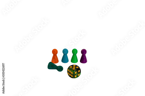 Foto Board game piece and dice isolated on white coloroful figure of people board gam