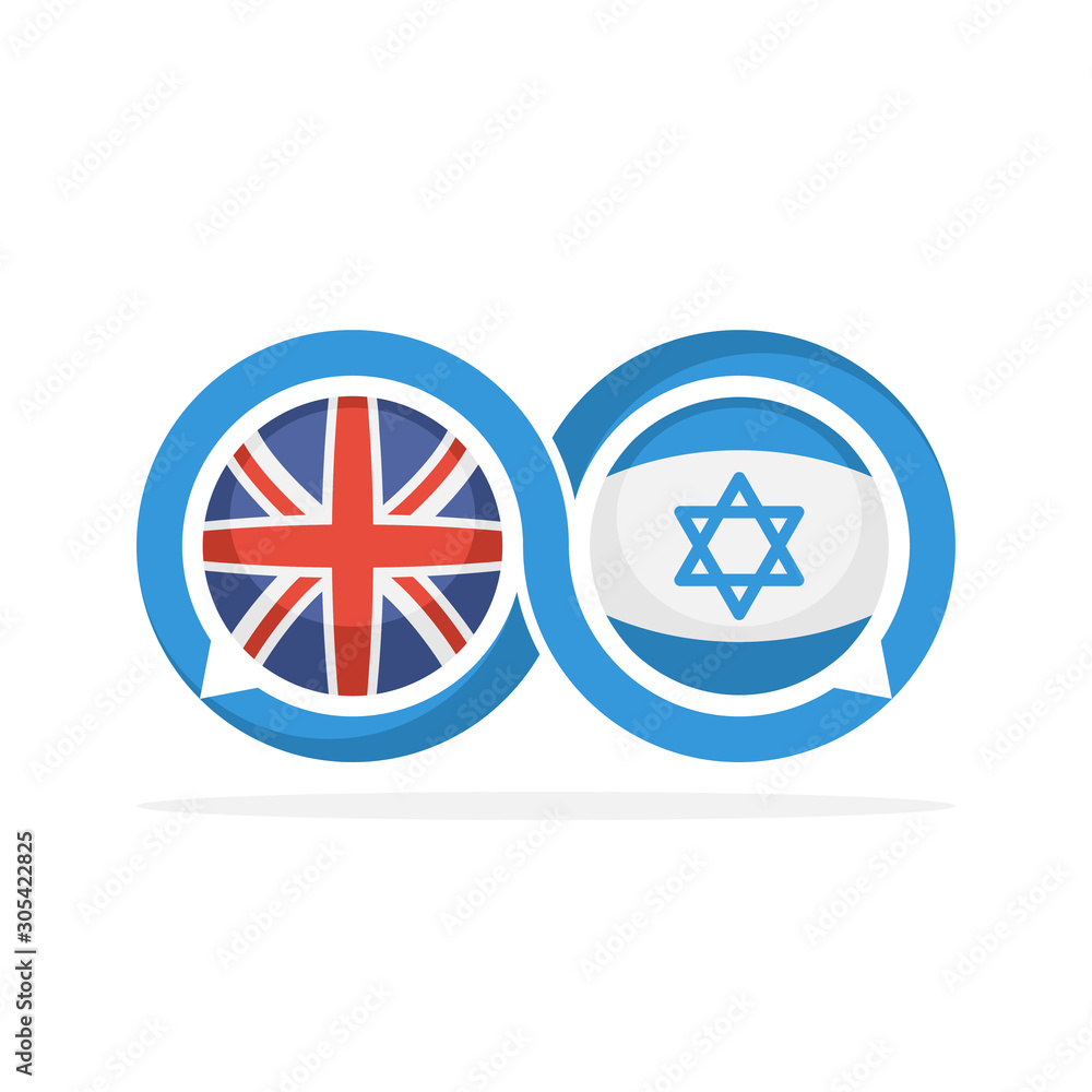 Illustrated icons with English and Israeli communication concepts Illustrated icons with English and Israeli communication concepts