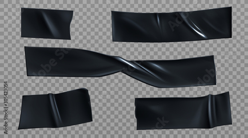 Black duct tape pieces set. Insulating adhesive stripes with wrinkles. Sticky scotch for fix, repair or packaging, design elements isolated on transparent background. Realistic 3d vector illustration