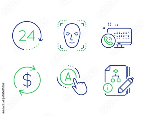 Ab testing, Usd exchange and Face detection line icons set. 24 hours, Web call and Algorithm signs. A test, Currency rate, Detect person. Time. Business set. Line ab testing outline icons. Vector