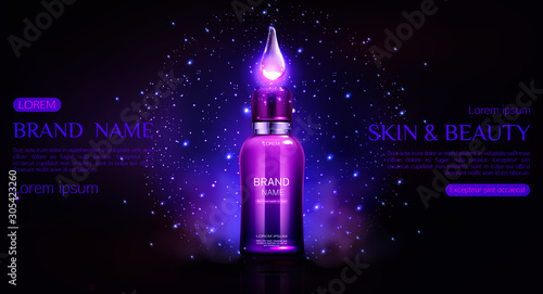 Cosmetics bottle mock up banner. Cosmetic tube with glowing falling drop, repair night beauty skin care product package design, landing page magazine ad promo template Realistic 3d vector illustration