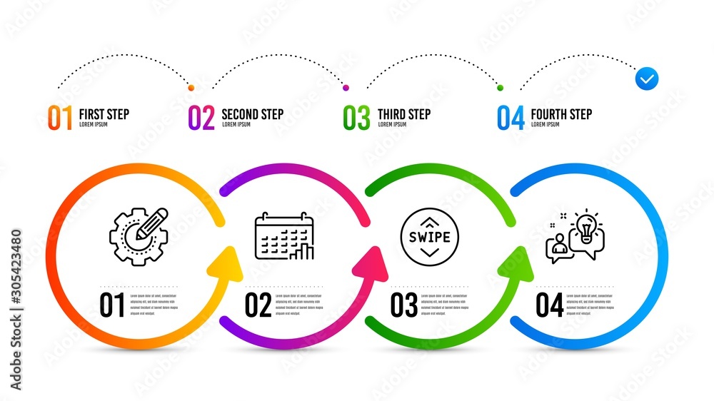 Fototapeta premium Idea sign. Infographics timeline. Settings gear, Calendar graph and Swipe up line icons set. Technology process, Annual report, Scroll screen. Solution. Technology set. Settings gear icon. Vector