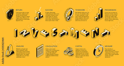 Investment isometric banner, invest fund and capital business service, planning strategy for increase money and finance wealth components. Informational banking poster. 3d vector line art illustration